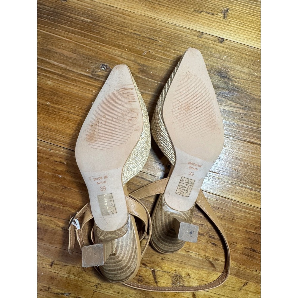 ANGEL ALARCON Helen Raffia Woven Slingback Heels Tan Leather Ankle Strap Size 39 - Picture 12 of 16